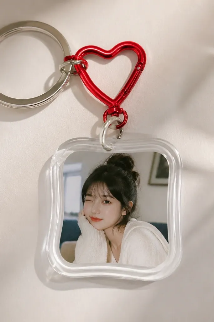 A clear keychain charm with a miniature photo inside, surrounded by a thin border. The charm looks glossy, like a sticker sealed under clear resin, and it's attached to a silver split ring and a small red heart clip.