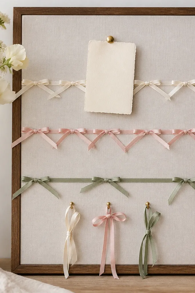 A small corkboard covered with cream fabric, with three rows of thin ribbon bows tied across it. A few loose bows hang neatly, and there's a small gold pushpin at the top center holding a handwritten note on a tag.