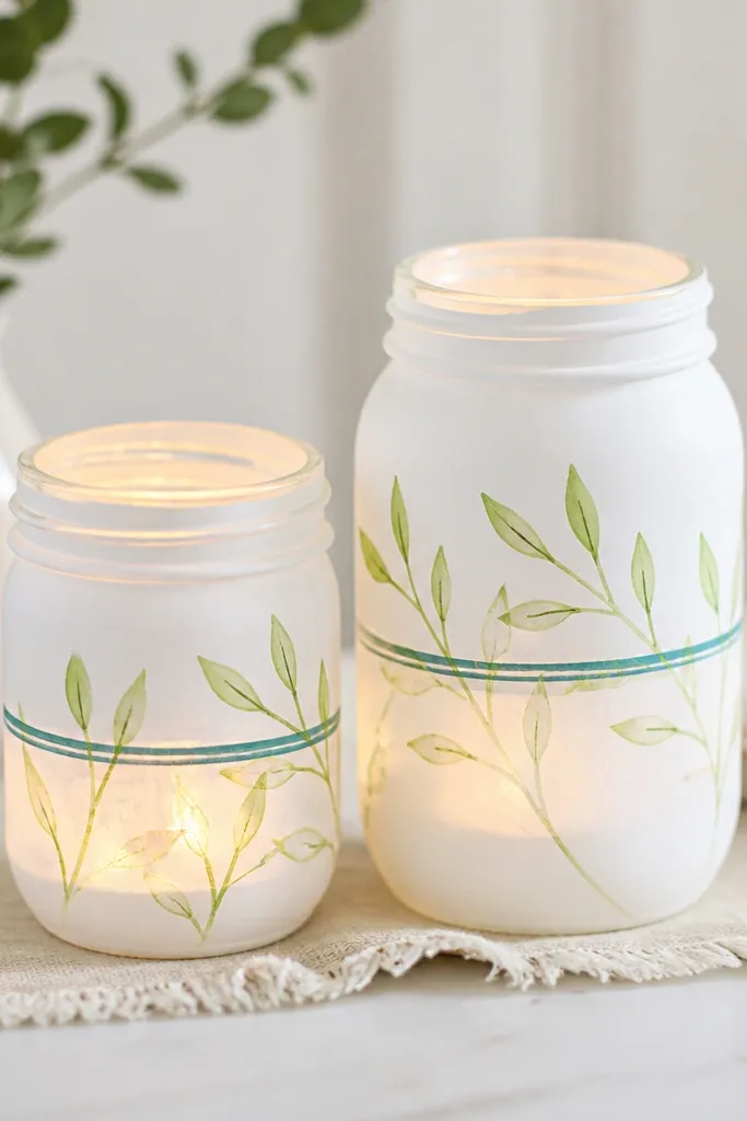 Two mason jars painted with matte white and a thin teal stripe around the middle. Inside, small LED tea lights glow warm, and the jars have a hand-painted leaf motif in light green.