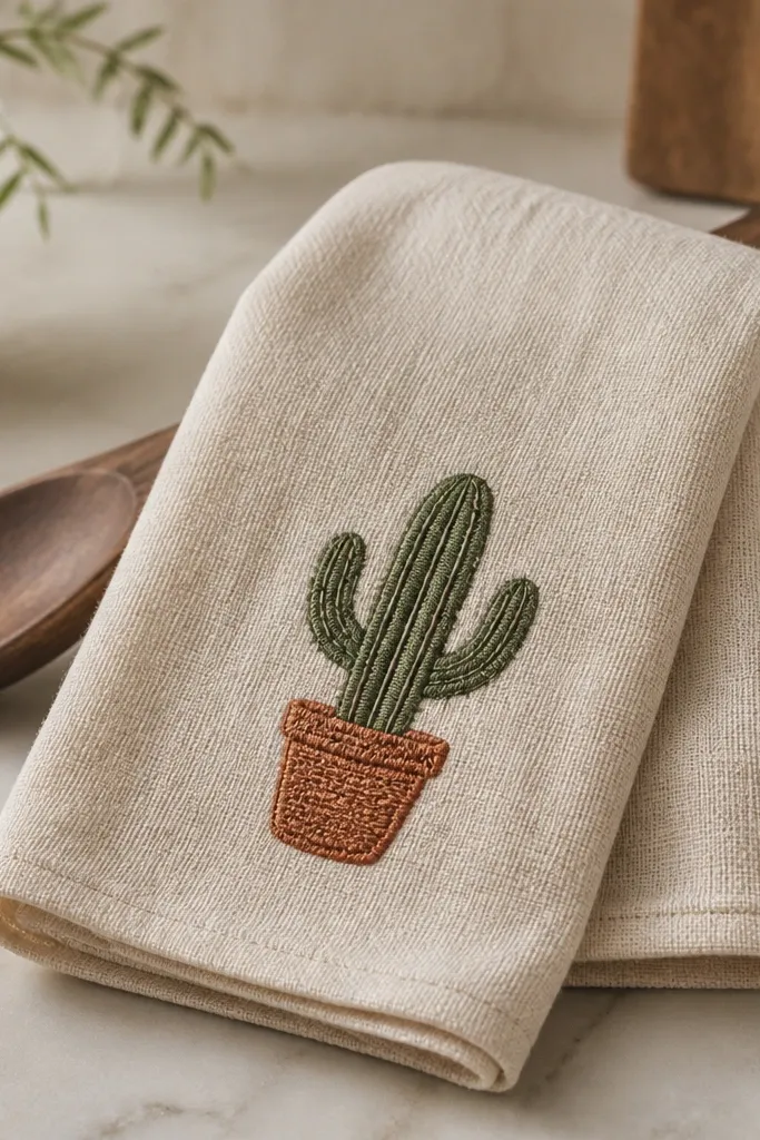 A cream linen tea towel folded over a wooden spoon, with a single bold embroidered motif: a potted cactus in muted green and a small terracotta pot. The stitches look even, and the towel edges are neatly hemmed.