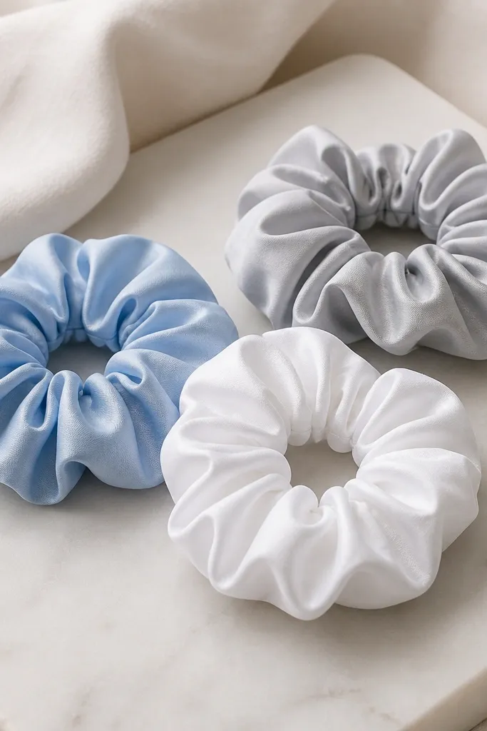 A trio of scrunchies made from upcycled dress shirt fabric in pale blue, white, and light gray. Each scrunchie has a soft sheen and a slightly gathered center, with matching elastic visible only at the back seam.