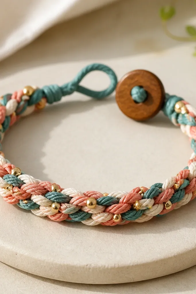 A colorful bracelet with a chunky braided texture in teal, pink, and cream, with tiny gold beads spaced evenly. The clasp area shows a small loop and button made from wood.