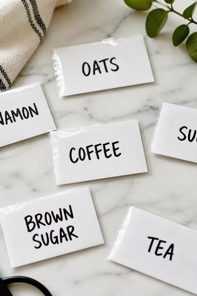 A set of small white paper labels with handwritten names like OATS, CINNAMON, and COFFEE. Each label has a matte chalk-marker look, then a clear tape gloss top layer, giving a smooth, protected surface.