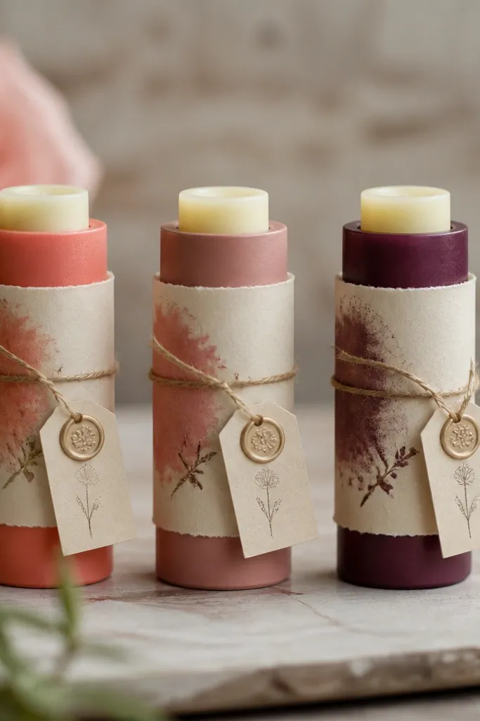 A row of small lip balm tubes with colored bases: one coral, one nude pink, one plum. Each tube has a handwritten label strip and a tiny wax-sealed note tag.