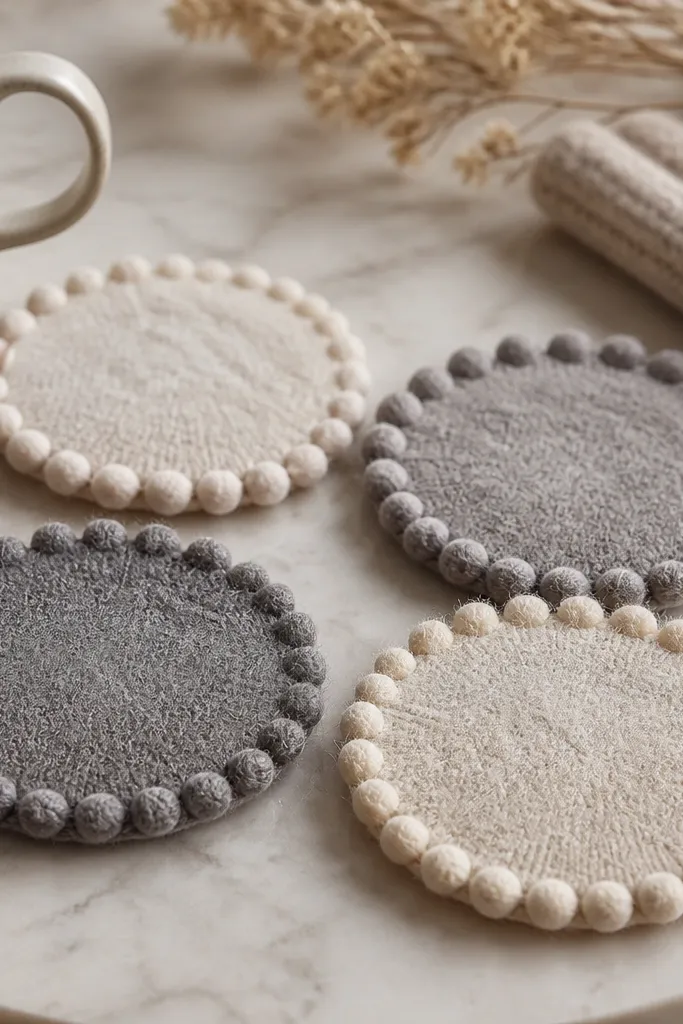 Four round coasters cut from a soft knit sweater in gray and cream. Each coaster has a small pom-pom trim around the edge, and the center looks slightly fuzzy like the sweater cuff.