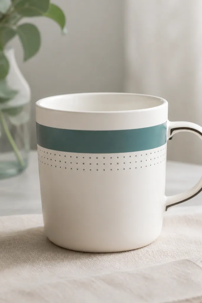 A plain white ceramic mug with a clean color-block stripe near the handle. The stripe is a matte teal, and a tiny dot pattern sits under the stripe. The mug handle is outlined in a darker shade.