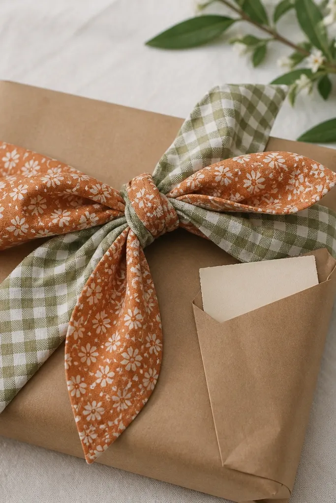 A wrapped gift with a big fabric bow made from two patterned cotton strips. The bow sits on top of kraft paper, and there's a small hidden pocket on the back holding a handwritten card.