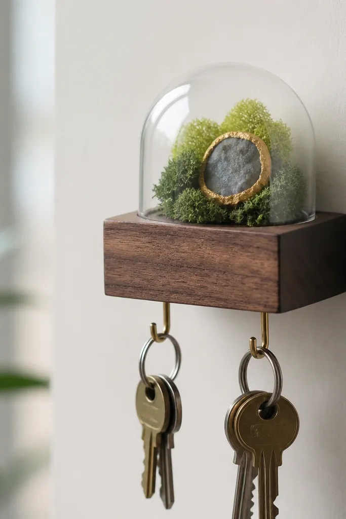 A small wooden block on a wall with a clear plastic dome over a miniature scene. Inside the dome are tiny faux moss bits in green and a small painted rock with a gold outline. Keys hang from two small hooks below.