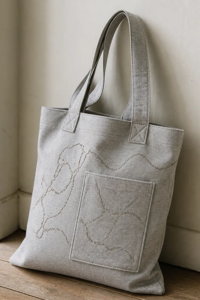 A tote bag made from a light gray T-shirt with a simple stitched map line design on the front. There's a small pocket panel with stitched lines like routes, and the handles look reinforced with double stitching.