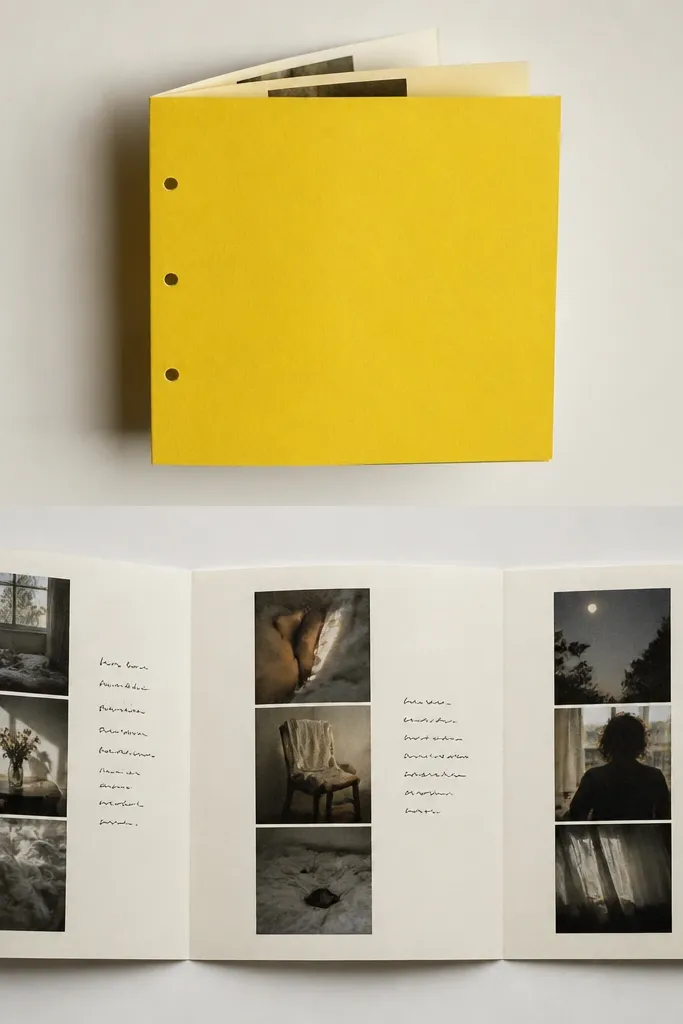 A small folded photo zine with a cover in bright yellow cardstock. Inside pages show three photo strips and handwritten captions in black ink, with tiny punched holes on the left binding.