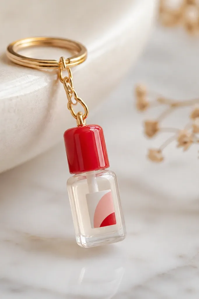 A keychain charm shaped like a tiny nail polish bottle. It has a glossy red cap and a translucent body with a small printed label. The charm hangs from a gold ring with a small chain extension.