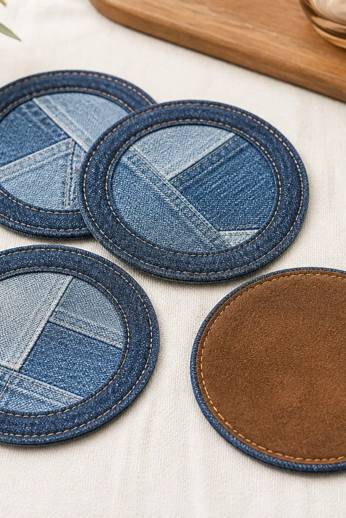 Four round coasters made from blue denim with visible topstitching around the edge. The center has a patchwork panel in lighter denim, and the underside is a brown suede-like fabric.