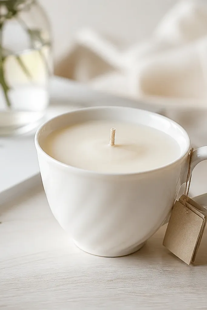 A small soy candle poured into a white teacup with a smooth surface and a slight swirl near the top. A matchbook-style paper tag hangs from the handle, and the candle has a label in thin black handwriting.