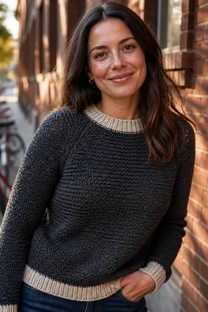 Charcoal crochet raglan sweater with oat ribbed cuffs and hem