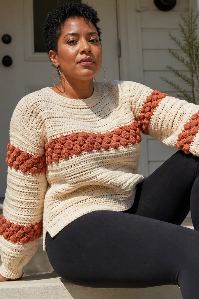 Cream sweater with terracotta puff stitch blocks and ribbed neckline