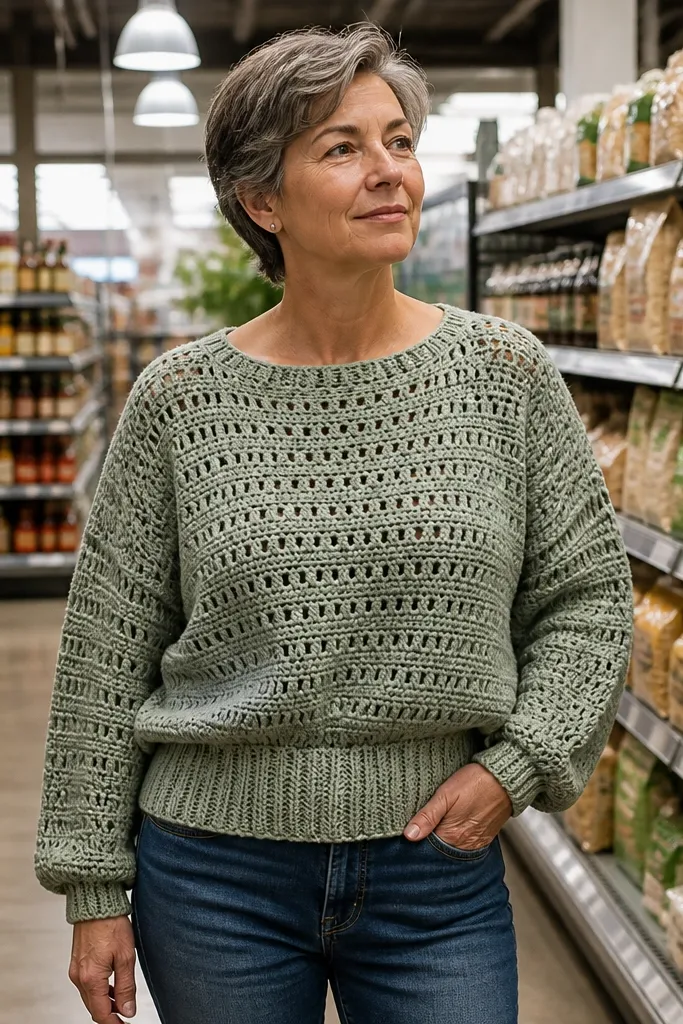 Oversized sage crochet sweater with a thick waistband and wide sleeves