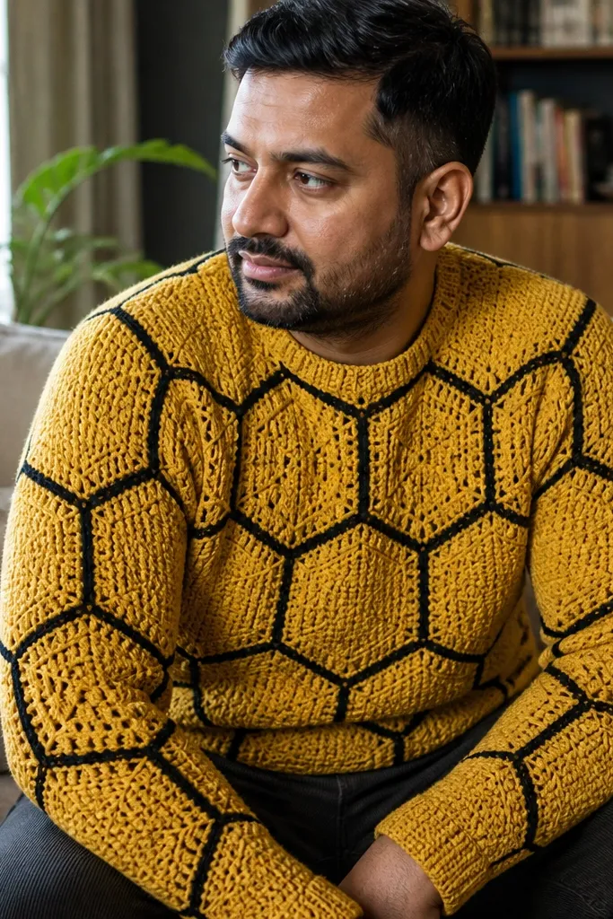 Mustard crochet sweater with honeycomb panels and black border lines
