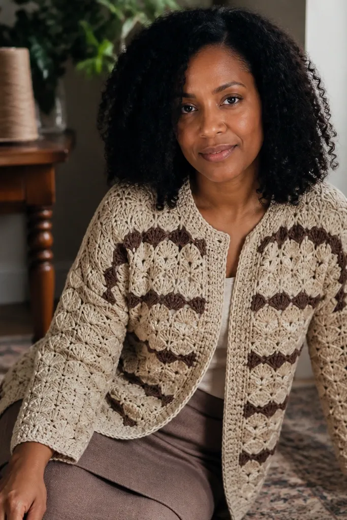 Oat cardigan with cocoa shell stitch texture and buttonless front
