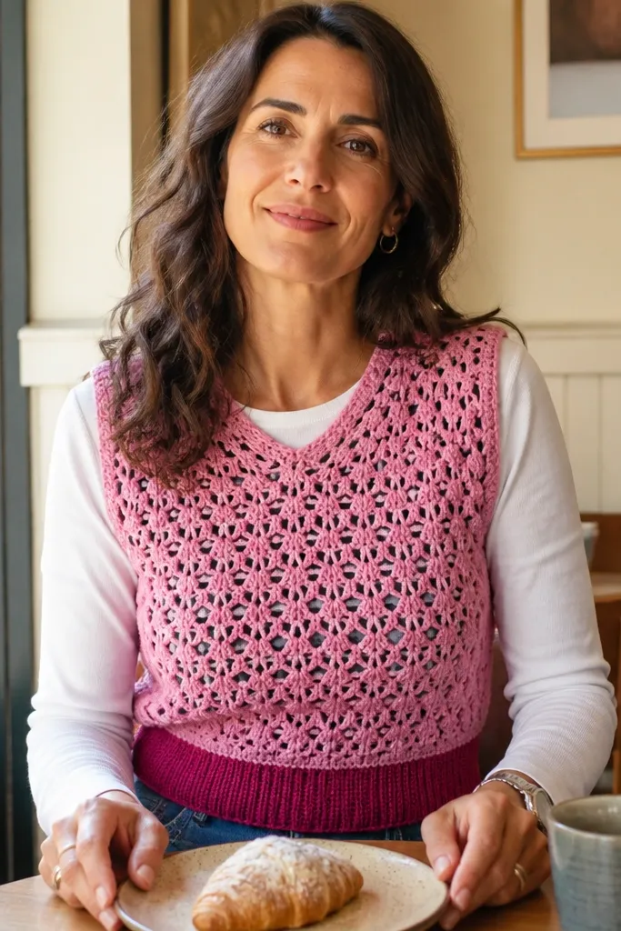 Pink crochet sweater vest with a contrasting waistband and clean armholes
