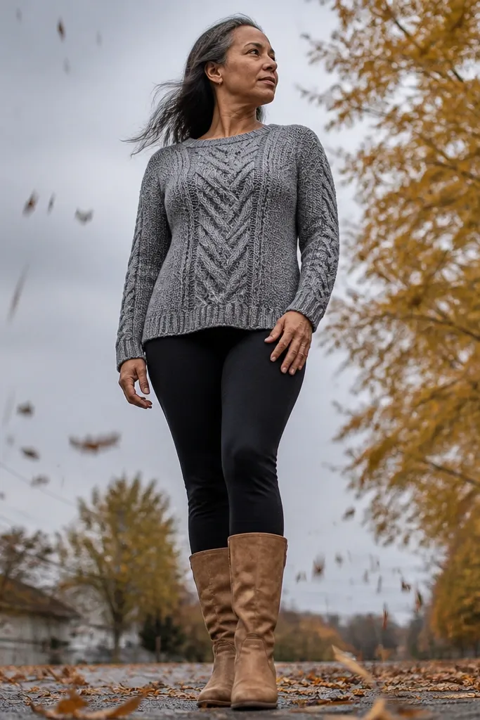 Heather gray sweater with cable-look crochet panels and ribbed cuffs