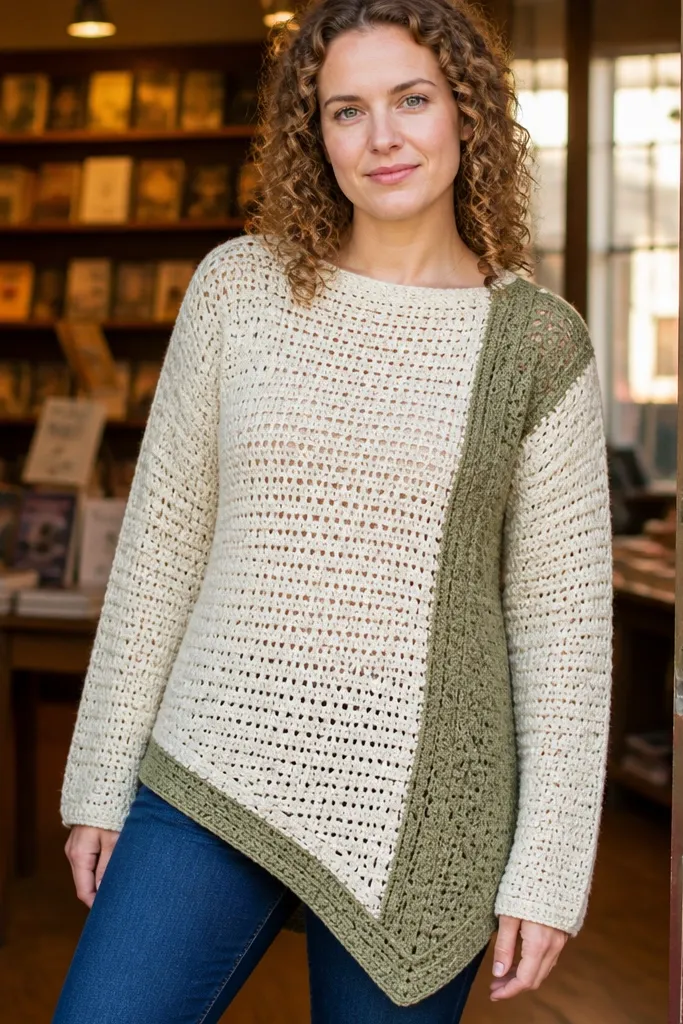 Cream crochet sweater with an olive side panel and angled asymmetrical hem