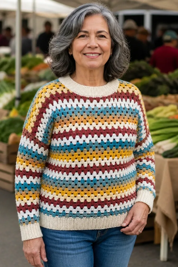 Pullover made from striped granny square panels with a clean ribbed neckline