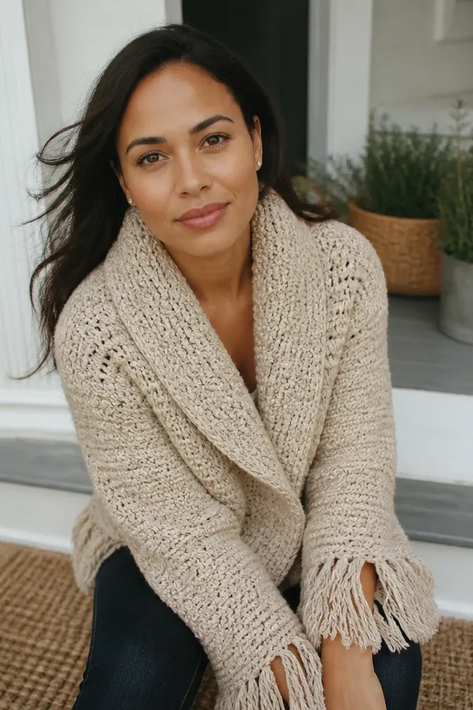 Oat crochet sweater with wide collar and short fringe cuffs
