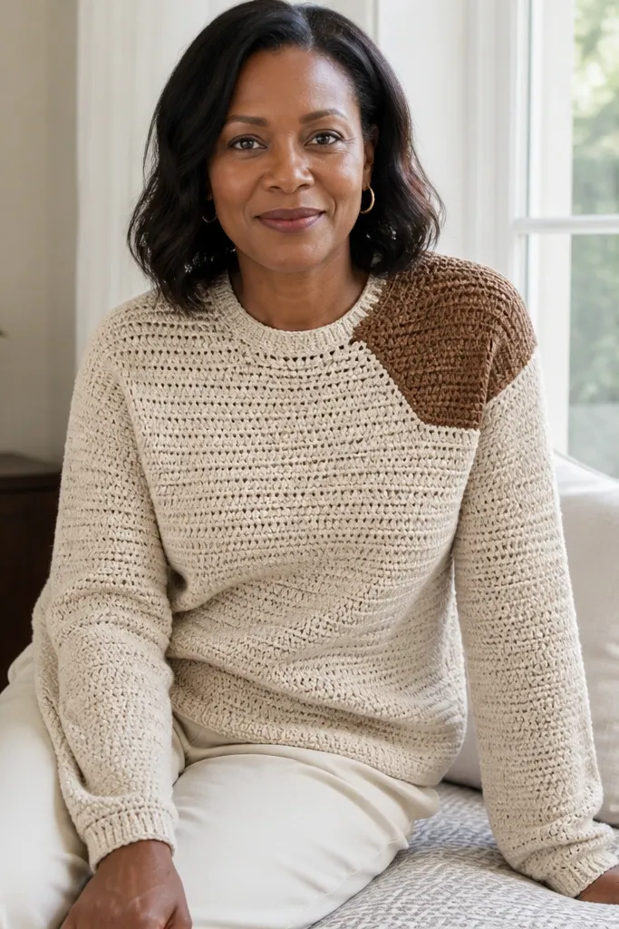 Simple half double crochet sweater with a contrasting shoulder panel
