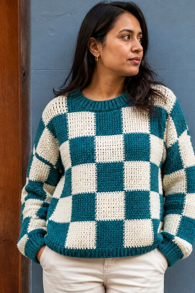 Teal and cream checkerboard crochet sweater with textured squares