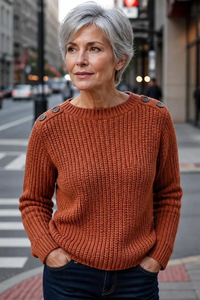 Rust crochet crew sweater with ribbed fabric and small shoulder button tabs