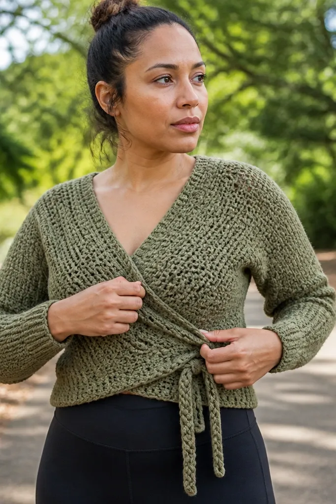 Olive cropped wrap crochet sweater with a braided tie belt