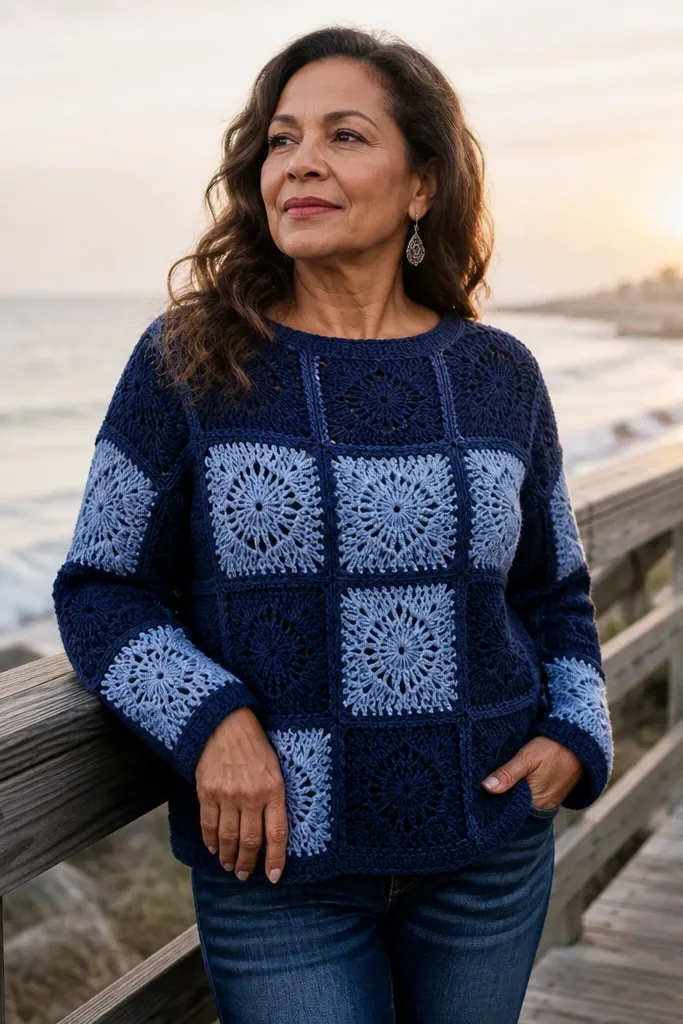 Navy crochet sweater with light blue mosaic-style panels and ribbed neckline