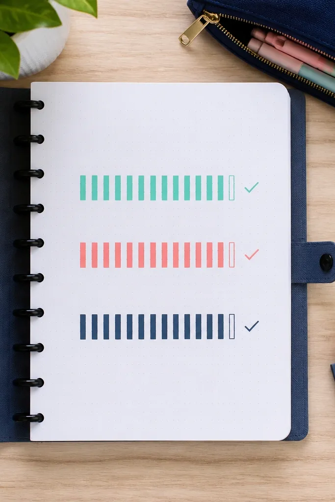 Journal page with three colored horizontal bars and small boxes for habit tracking