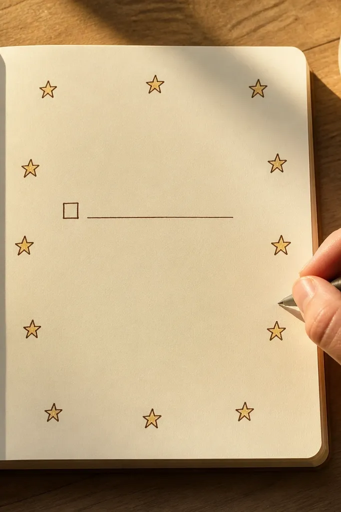 Journal page with small doodles in corners and one repeated icon pattern near the edges