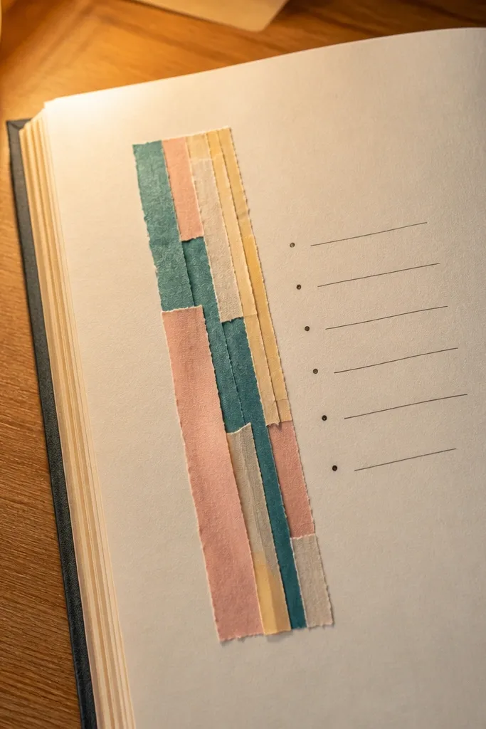 Journal page with a vertical strip of cut paper rectangles and a clean writing block