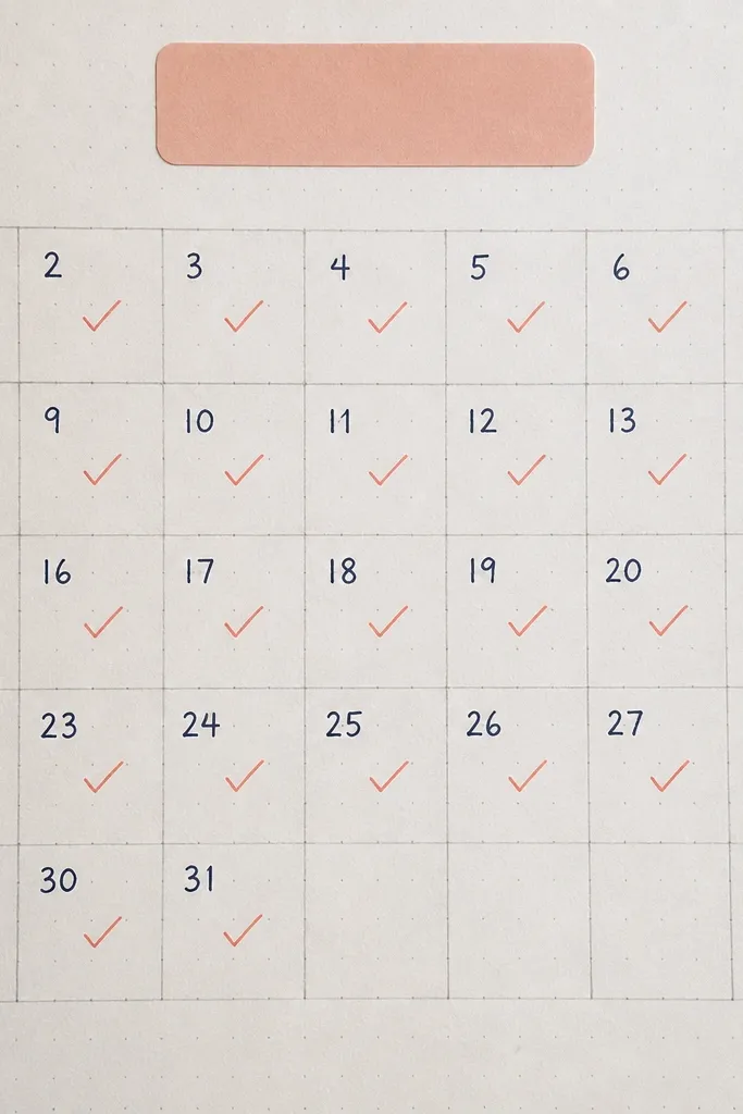 Journal page with a simple date grid and neat checkmarks in rows