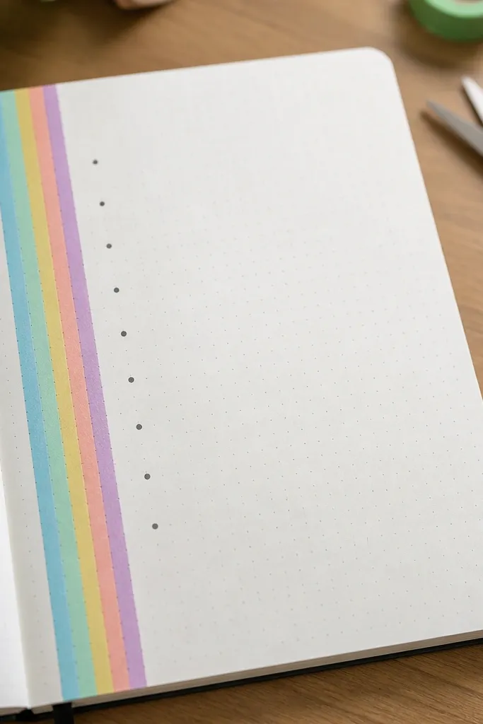Journal page with a rainbow washi strip on the left and bullet notes on the right