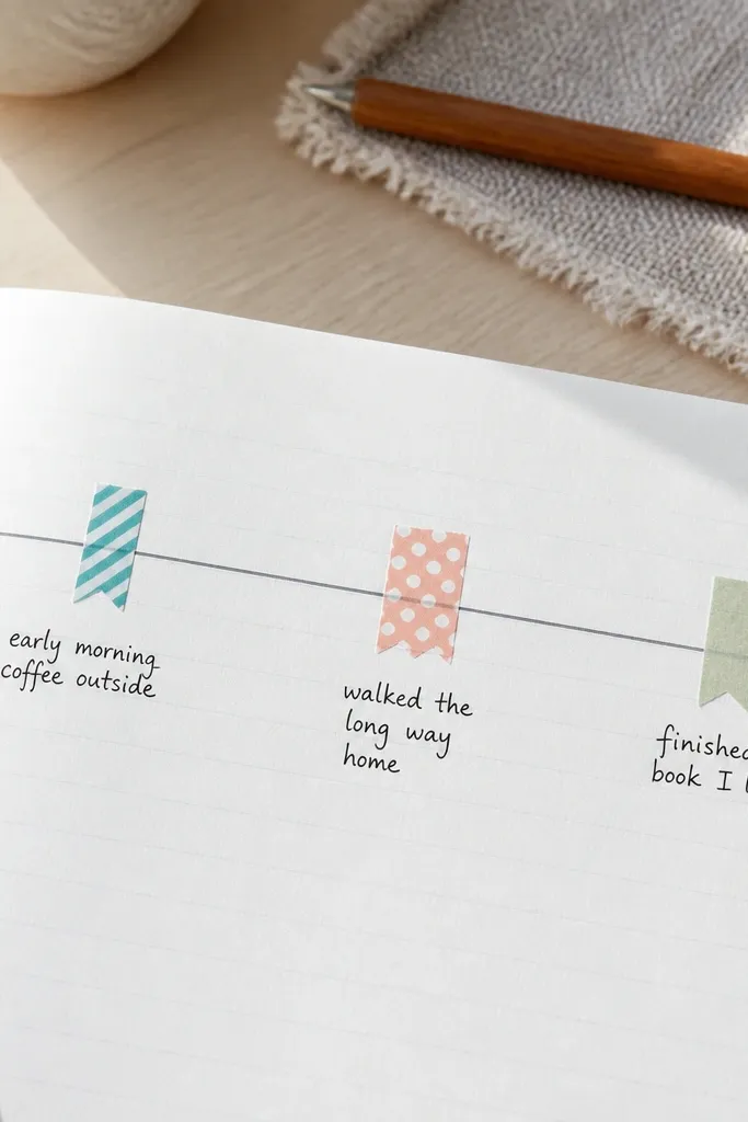Journal page with a short horizontal timeline line and washi tape markers