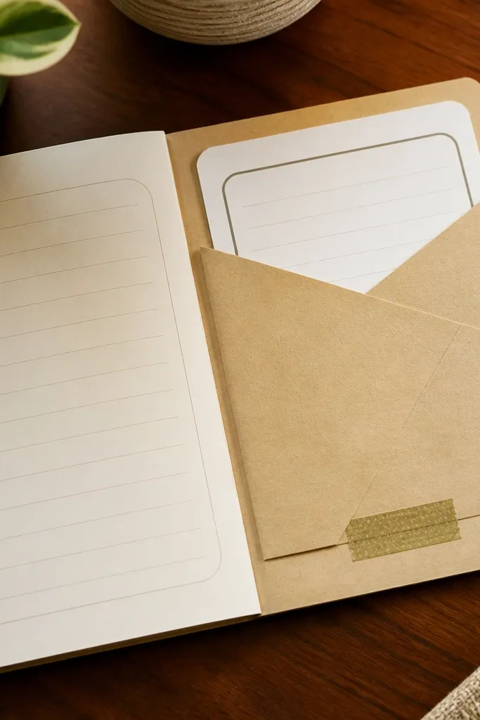 Journal page with a folded paper pocket holding a small prompt card