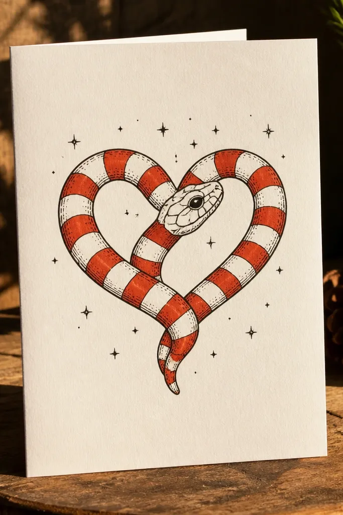 A coiled snake forming a heart shape with candy stripe bands