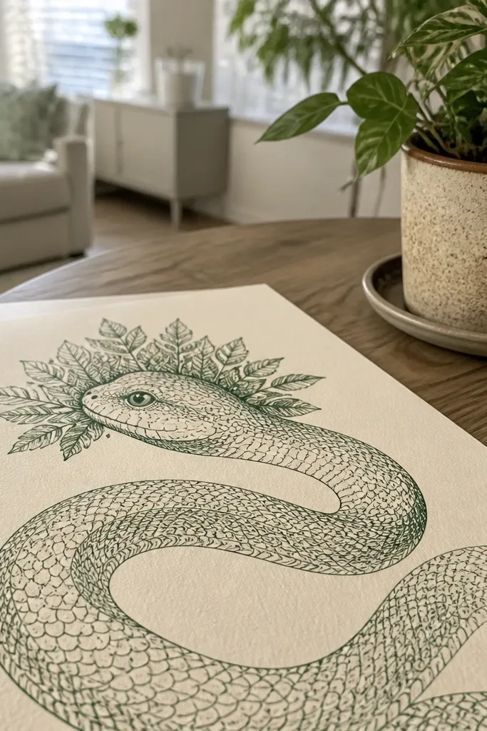 A snake wearing a leaf crown with comma-shaped scale marks