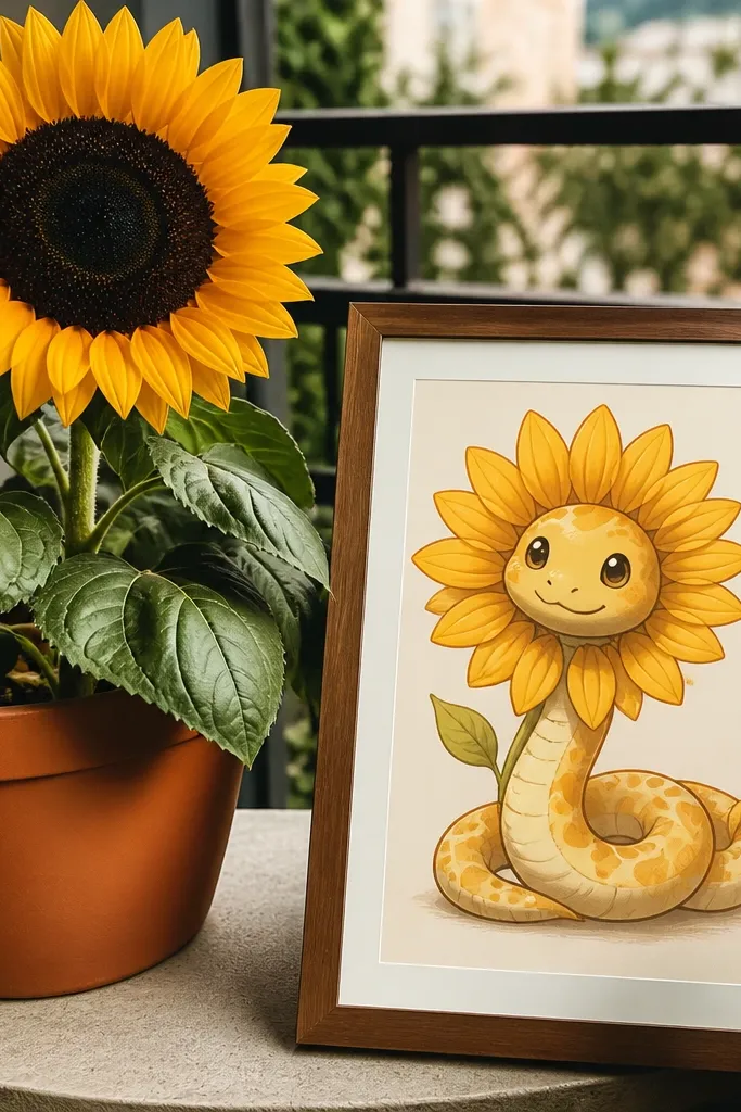 A smiling snake beside a big sunflower with simple line texture