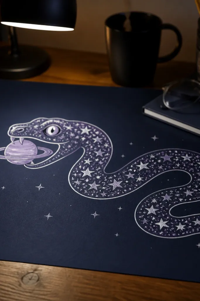 A snake with star patterns and a planet-like tongue tip