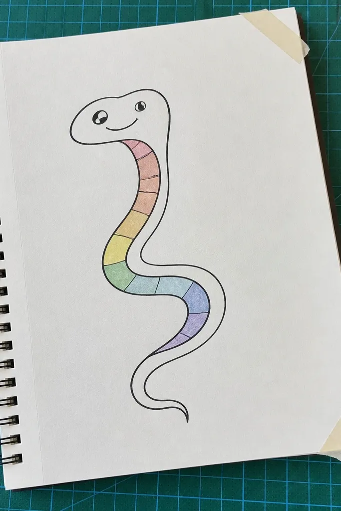 A snake with a rainbow belly band and a sideways smile