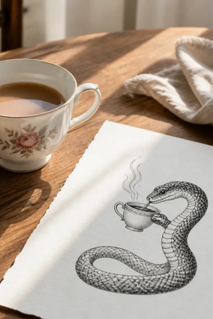 A cute snake sipping from a teacup with steam lines