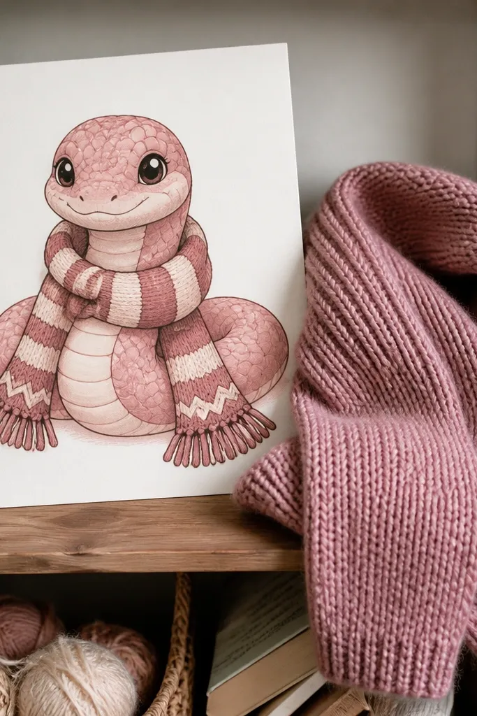 A snake wearing a striped scarf with zigzag ends