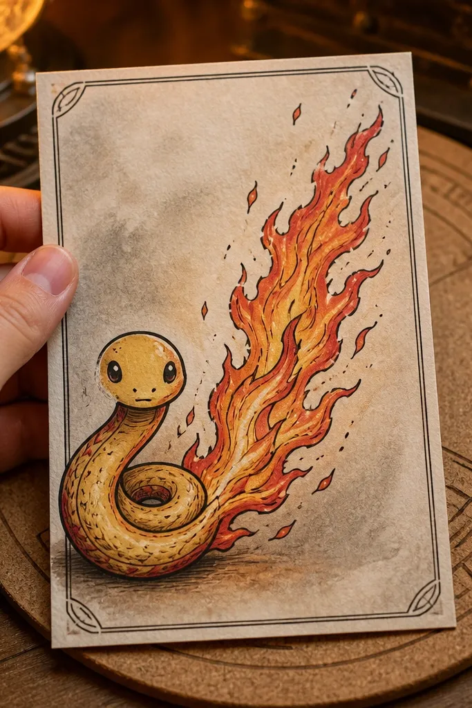 A cute snake with a flame-shaped tail and simple face