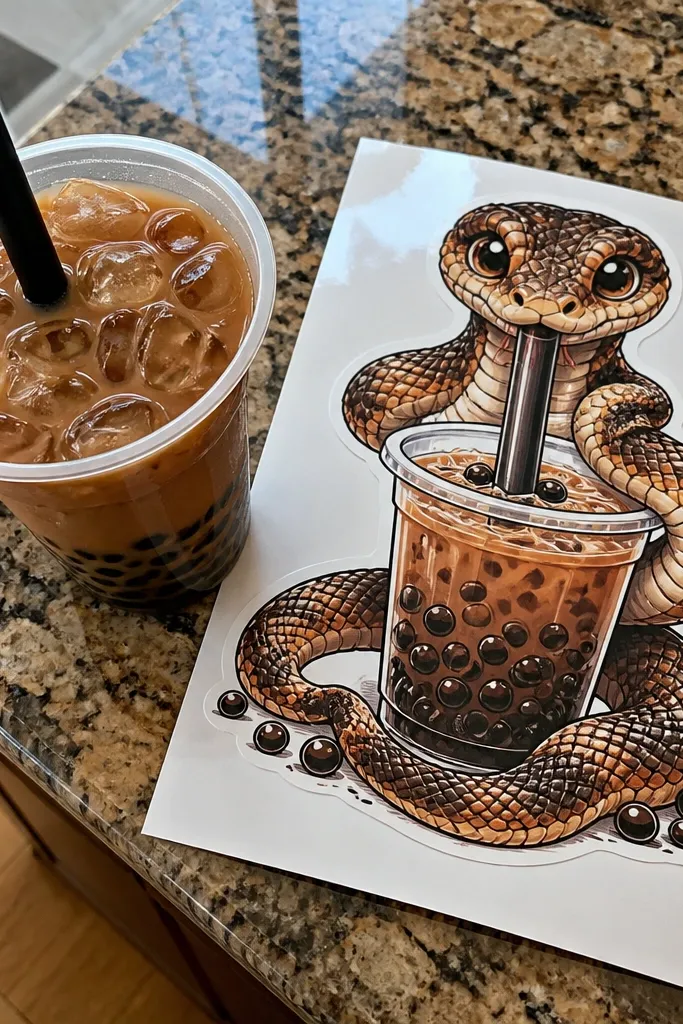 A snake holding a bubble tea cup with straw and tapioca pearls