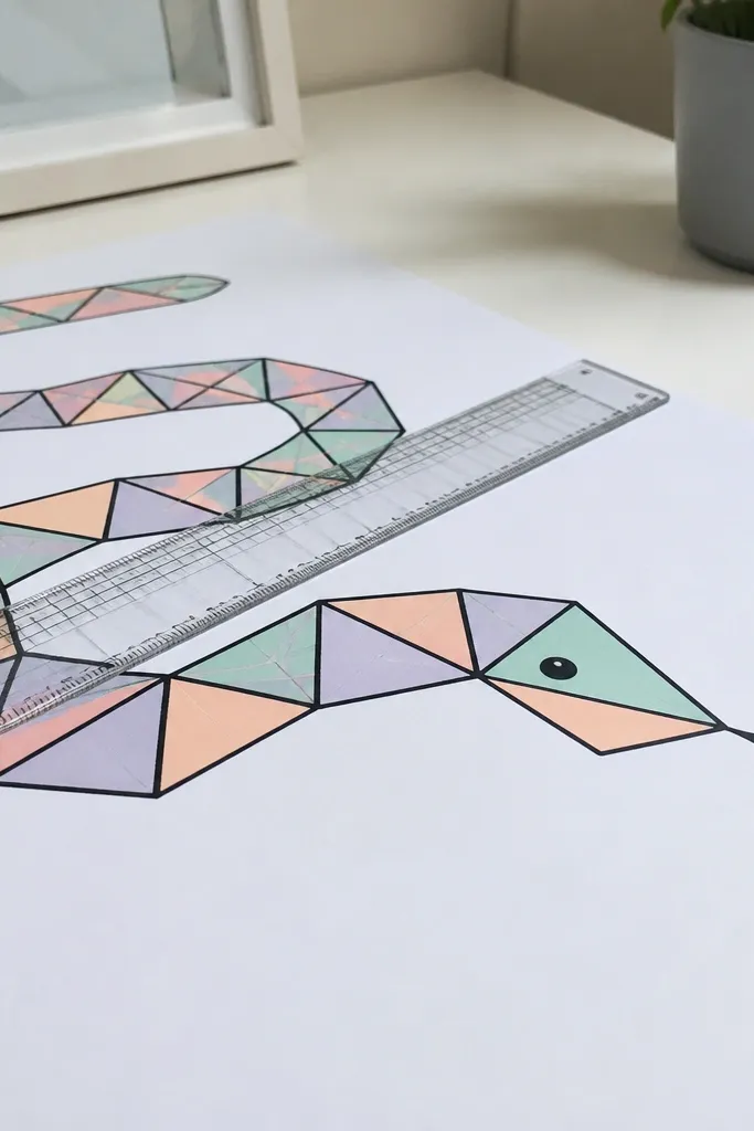 A geometric snake made of triangles with pastel block coloring