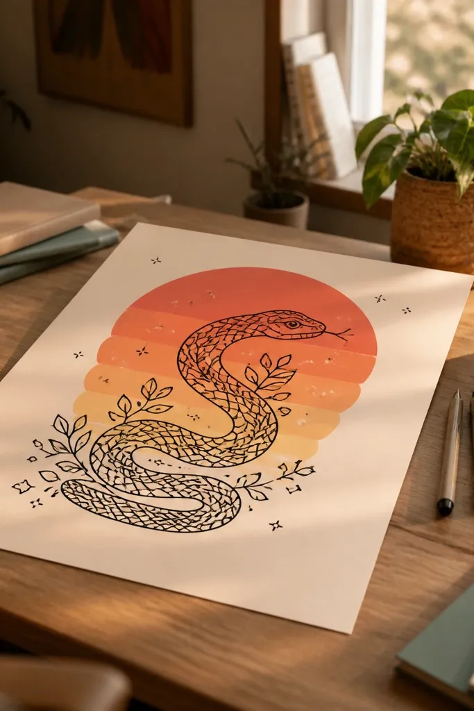 A snake silhouette with a sunset background and simple doodle details